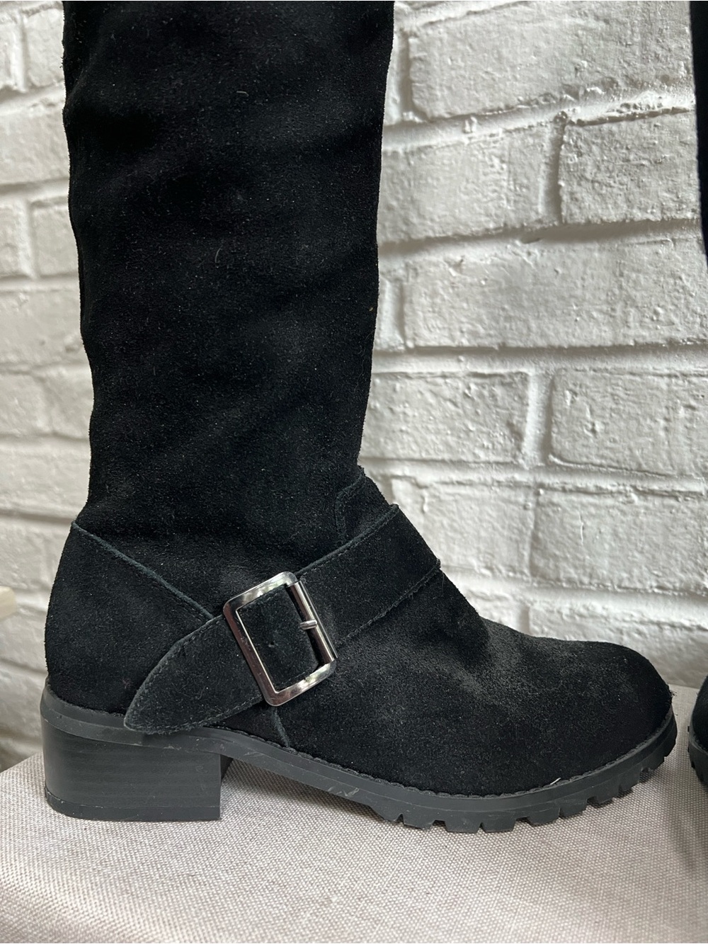 SOLE SOCIETY Black Suede Over the Knee Boots with Low heel Lug sole Buckles - Picture 11 of 16